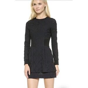 A.L.C. Jacquard Mini Dress Womens 2 Navy Blue Black Silk Blend Long Sleeve Crew